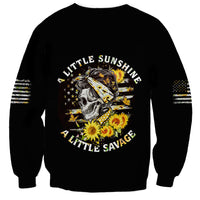 Unisex black crewneck sweatshirt with skull graphic, sunflower accents and 'sunshine/savage' text