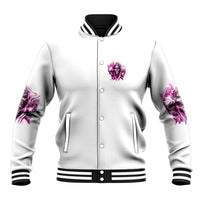 Unisex baseball jacket, white front with pink skull emblem and snap buttons