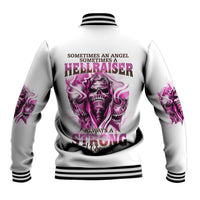 Unisex baseball jacket, white with pink skull graphic on back