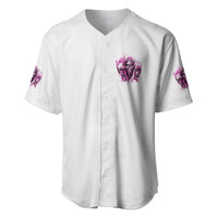 White baseball jersey with V-neck buttons, pink skull chest print and sleeve graphics