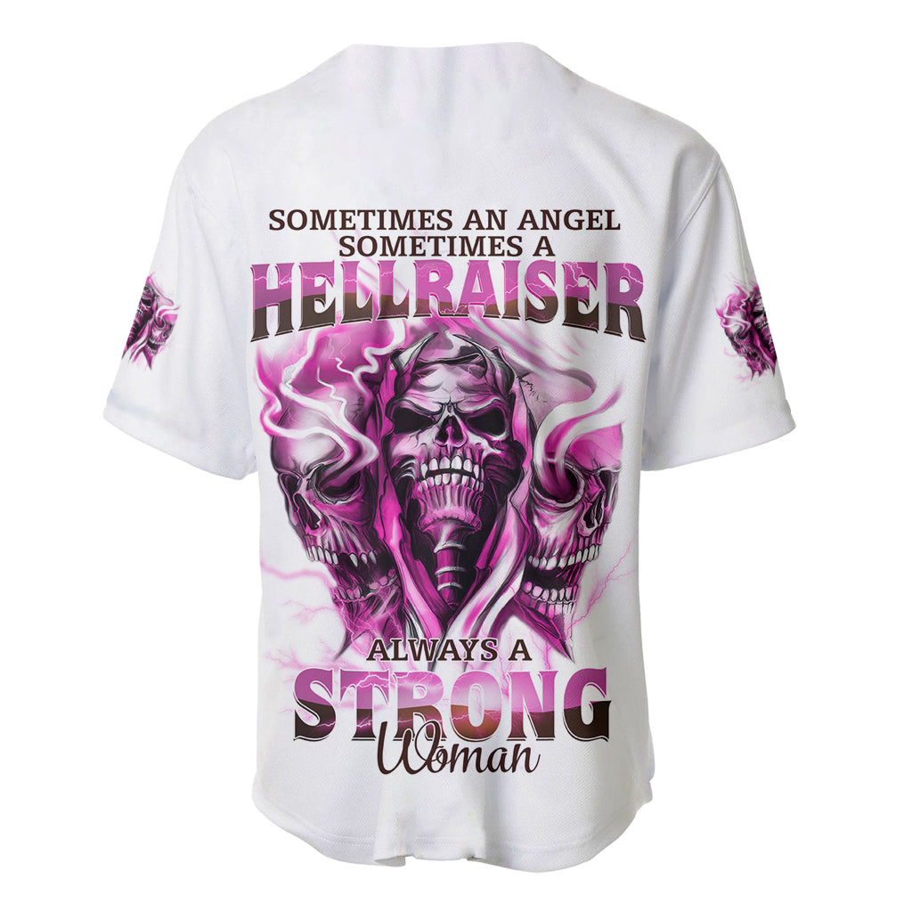 White skull baseball jersey, back graphic with purple HELRAISER and flaming skull