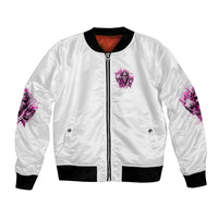 White unisex bomber jacket with front zipper, ribbed cuffs, purple skull graphic