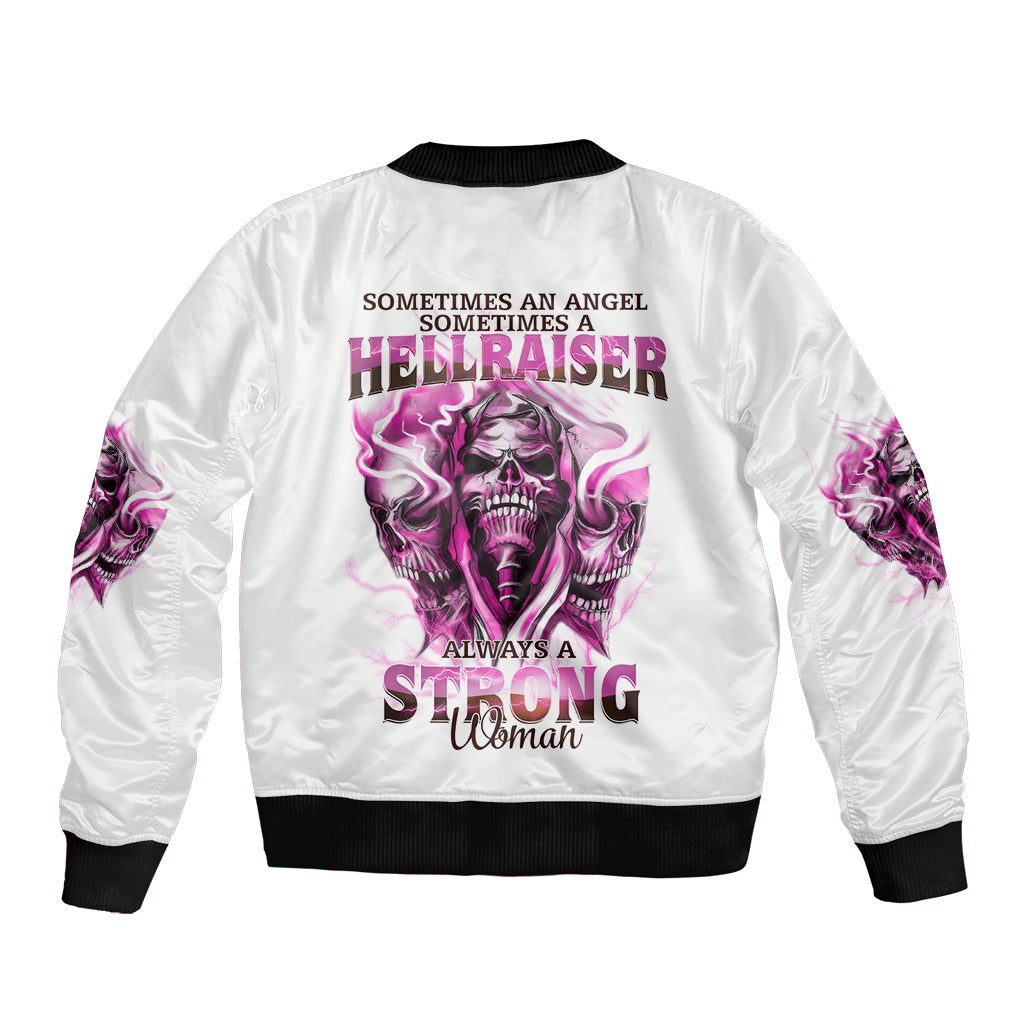 White unisex bomber jacket, ribbed collar and cuffs, skull graphic and text on back