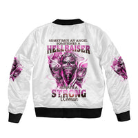 White unisex bomber jacket, ribbed collar and cuffs, skull graphic and text on back