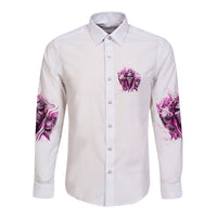 White long-sleeve button shirt with chest skull graphic and purple flame prints on sleeves