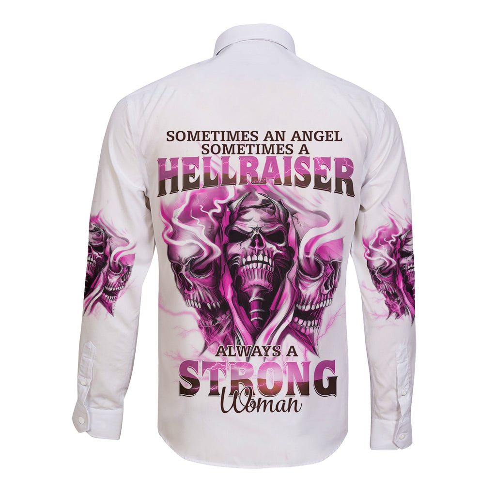 White long-sleeve button shirt with purple skull and flames graphic on the back
