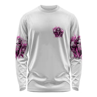 White long-sleeve T-shirt with small purple skull chest logo and sleeve skull prints