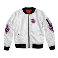 White zip bomber jacket with purple skull chest patch and ribbed black cuffs