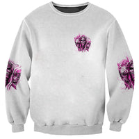 Gray crewneck sweatshirt with small purple skull graphic, flame skull sleeves