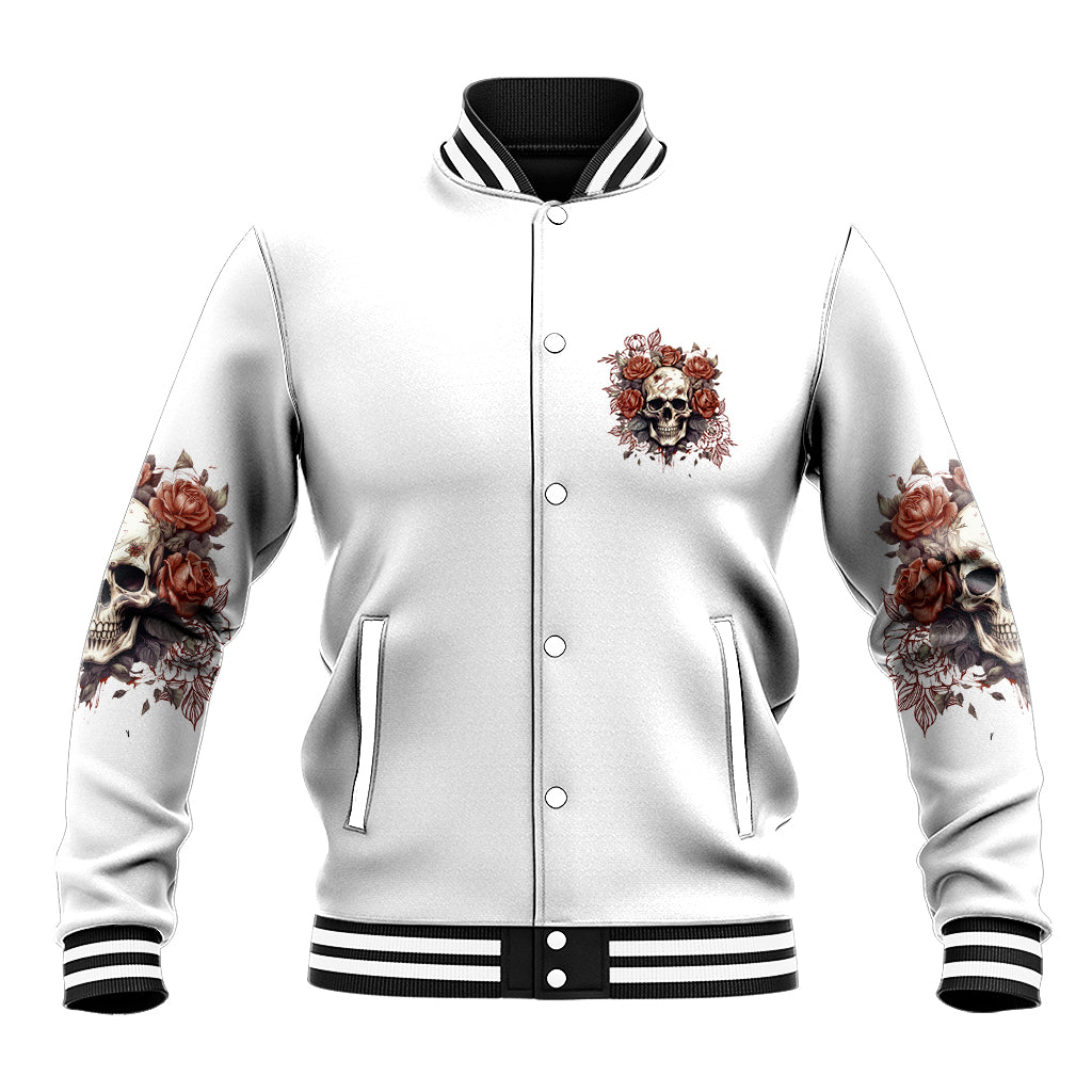 White unisex baseball jacket front button-up with rose bouquet crest and striped collar