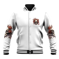 White unisex baseball jacket front button-up with rose bouquet crest and striped collar