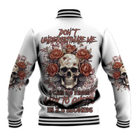 White unisex baseball jacket with rose skull back graphic and striped ribbed cuffs