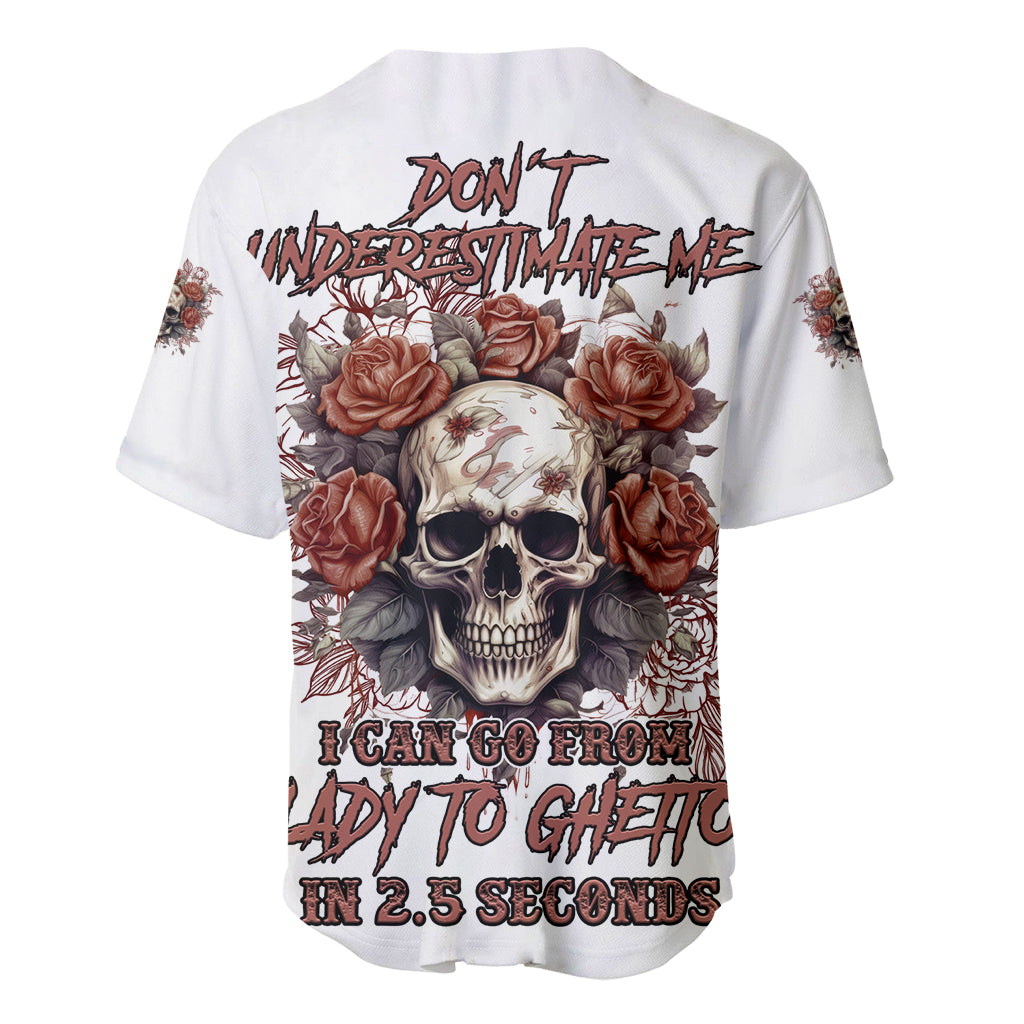 White baseball jersey with back skull-and-roses graphic and bold slogan
