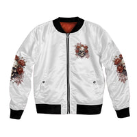 White bomber jacket with front zip, skull rose embroidery, and ribbed black hem cuffs