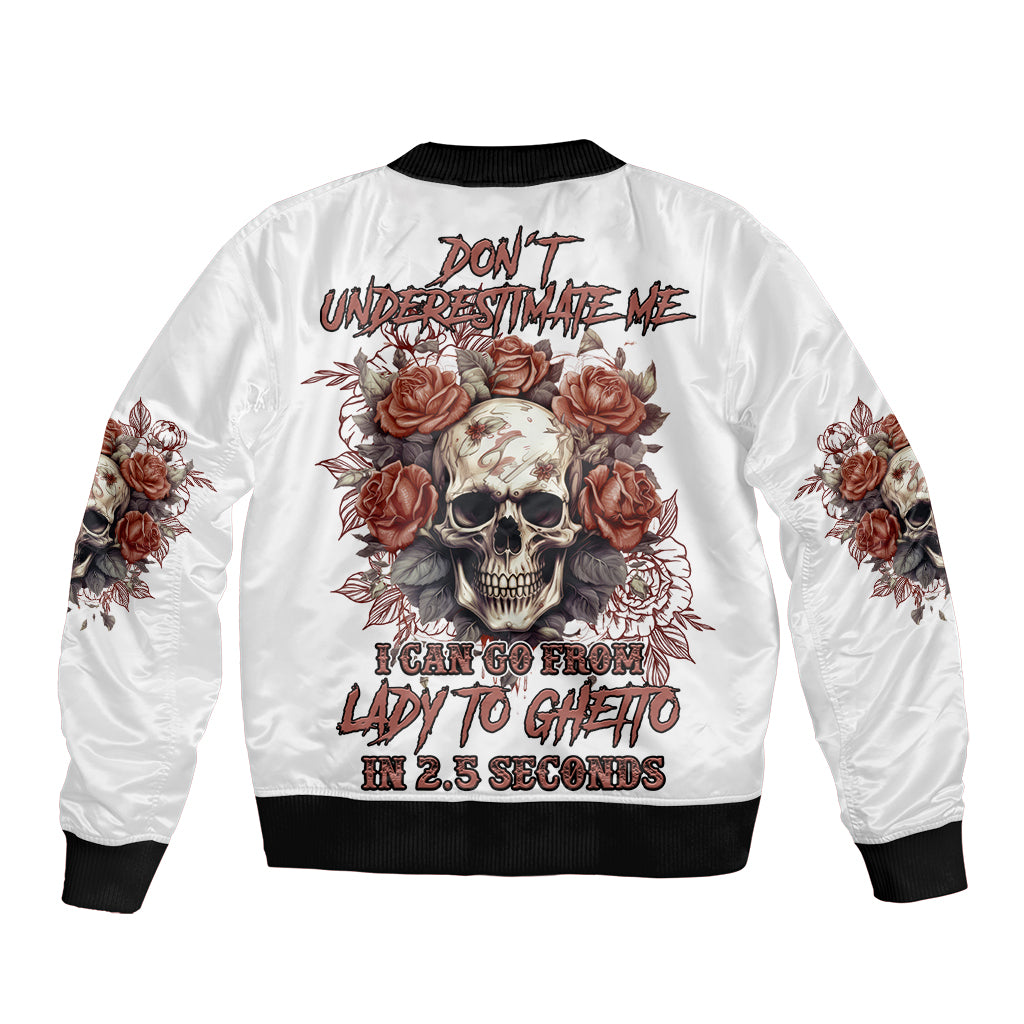 White bomber jacket with skull rose graphic on back and ribbed black collar and cuffs