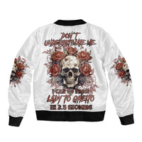 White bomber jacket with skull rose graphic on back and ribbed black collar and cuffs
