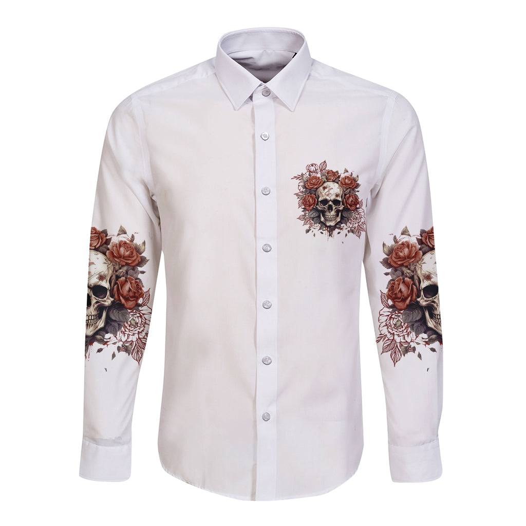 White long-sleeve button shirt with floral chest print and rose sleeve graphics
