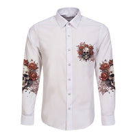 White long-sleeve button shirt with floral chest print and rose sleeve graphics