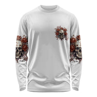Unisex long sleeve shirt, white, front rose bouquet with skull floral sleeves