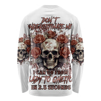 Unisex long sleeve shirt, white, skull and roses graphic with back text
