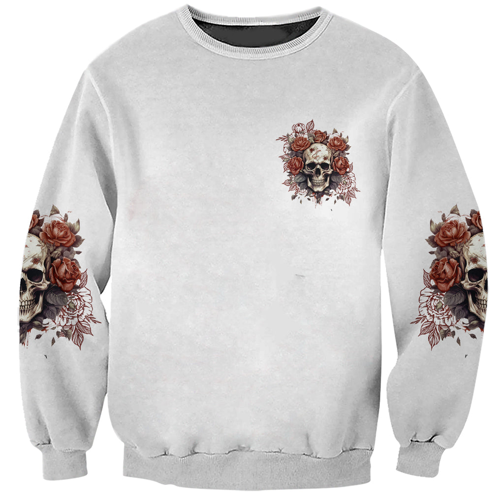 Gray unisex sweatshirt with chest skull-and-roses graphic and floral sleeve prints