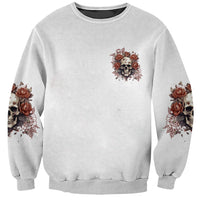 Gray unisex sweatshirt with chest skull-and-roses graphic and floral sleeve prints