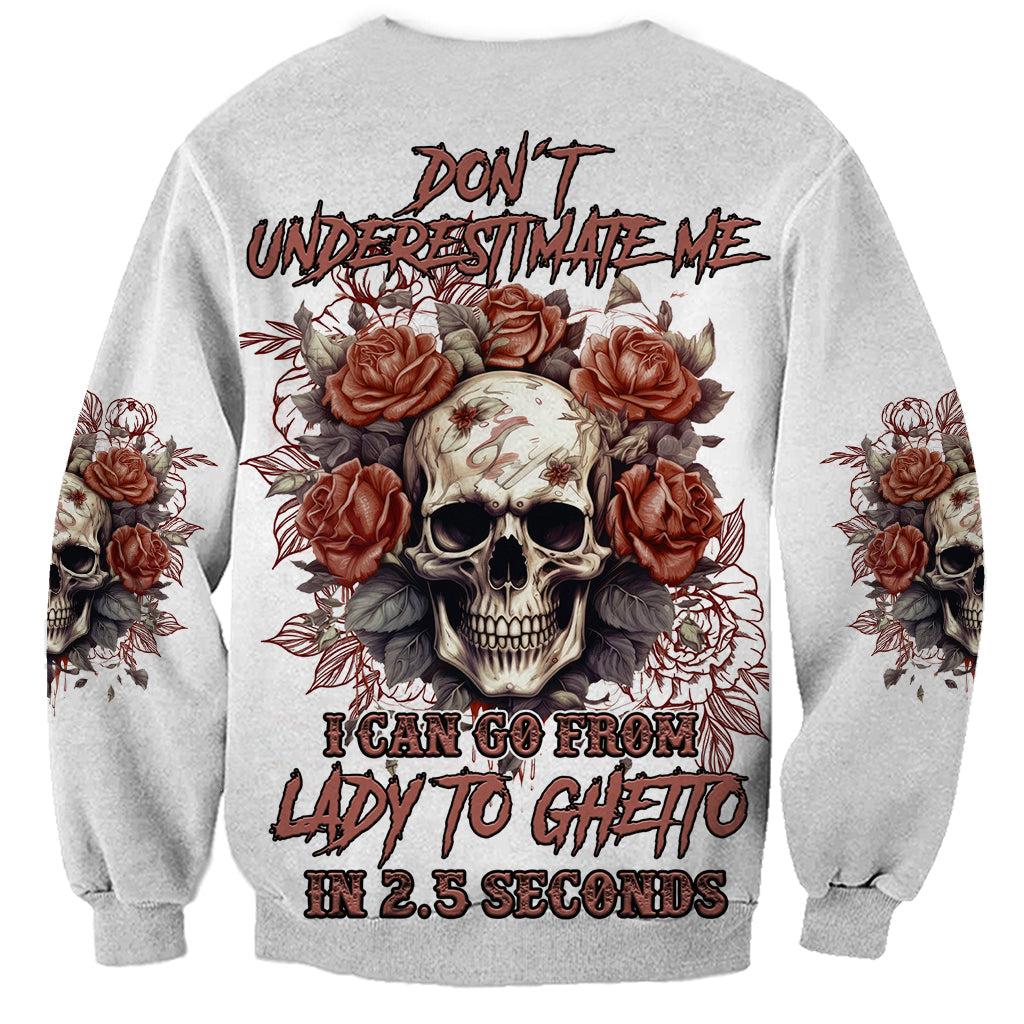Gray unisex sweatshirt with skull, roses, and bold back slogan graphic