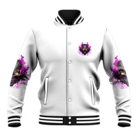 White unisex baseball jacket with purple skull eye emblem, snap buttons, and striped cuffs