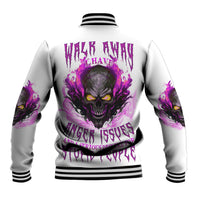 White unisex baseball jacket with purple skull eye graphic on back and striped rib trim