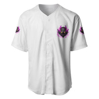 White baseball jersey front with small purple skull burst emblem