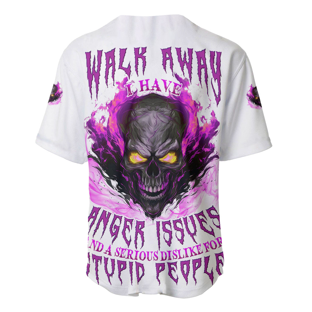 White baseball jersey with purple skull graphic on back and gothic text