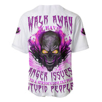 White baseball jersey with purple skull graphic on back and gothic text