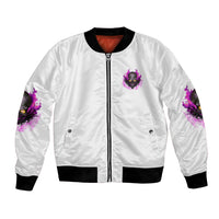 White bomber jacket with front zipper and purple skull patch, black ribbed cuffs and hem