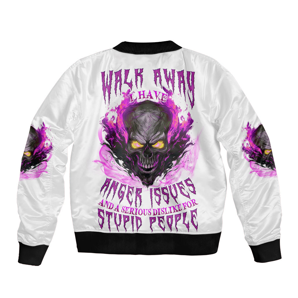 White skull bomber jacket with purple fire-eye graphic on back, black ribbed cuffs