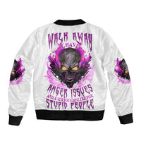White skull bomber jacket with purple fire-eye graphic on back, black ribbed cuffs