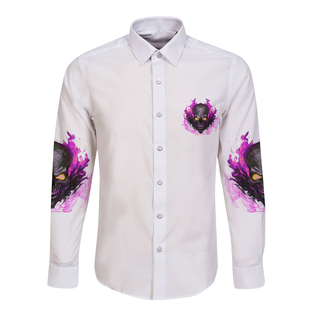 White long-sleeve button shirt with purple skull chest patch and flame sleeve prints