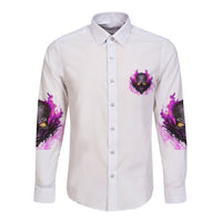 White long-sleeve button shirt with purple skull chest patch and flame sleeve prints