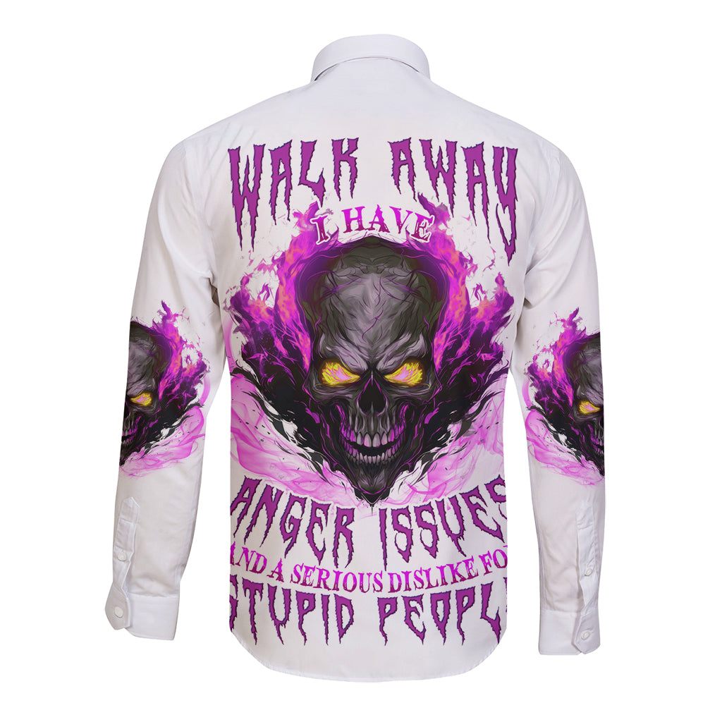 White long-sleeve button shirt with purple skull and flame back graphic