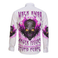 White long-sleeve button shirt with purple skull and flame back graphic