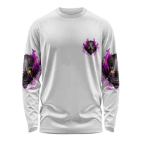 White long-sleeve shirt with purple skull chest graphic and matching sleeve prints