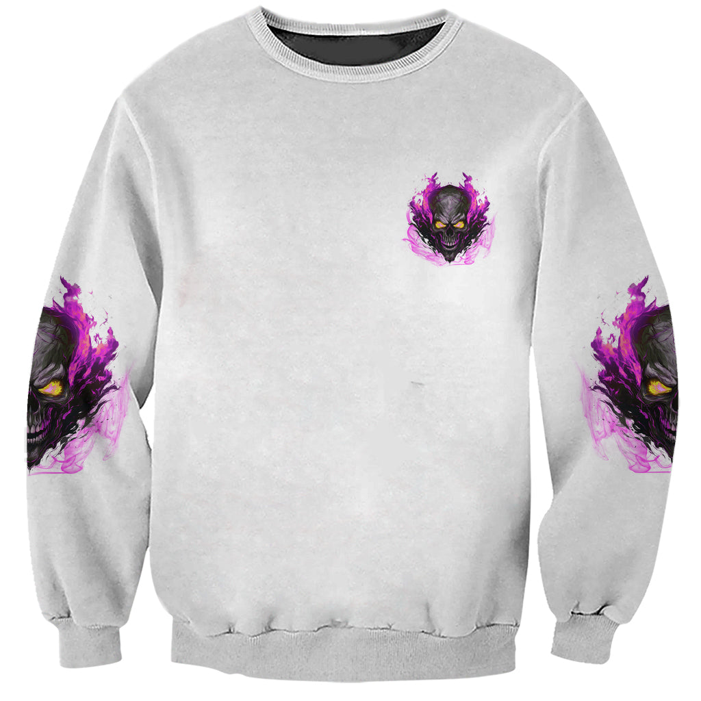 Unisex gray sweatshirt with small front skull flame icon and purple sleeve graphics