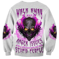 Unisex gray sweatshirt with purple skull-and-flames back graphic and eye text