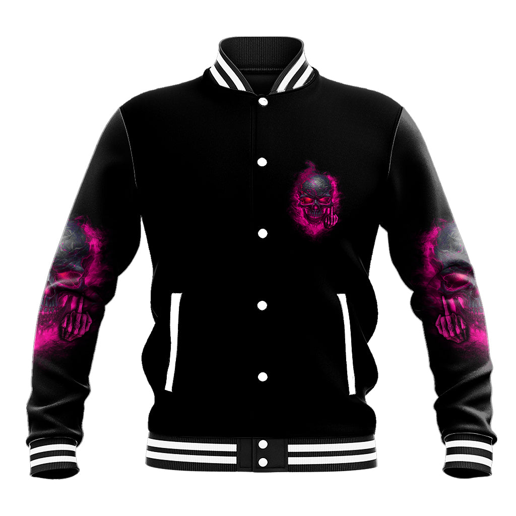 Black varsity baseball jacket with striped cuffs and pink skull graphic on front