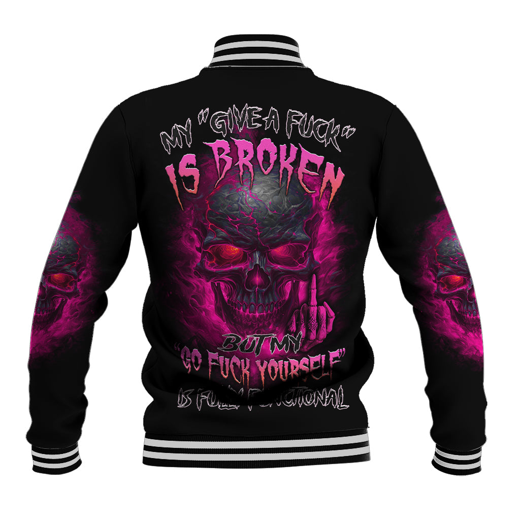 Black baseball jacket, striped collar and large back skull graphic in pink/purple