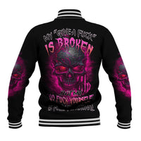 Black baseball jacket, striped collar and large back skull graphic in pink/purple