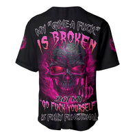 Black baseball jersey with pink skull graphic, short sleeves, button placket