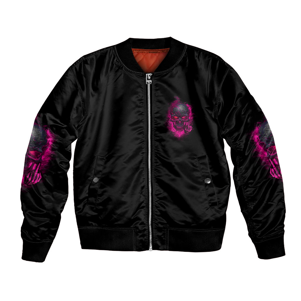 Unisex black bomber jacket, front zip, purple skull chest graphic, ribbed cuffs