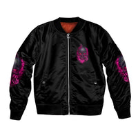 Unisex black bomber jacket, front zip, purple skull chest graphic, ribbed cuffs