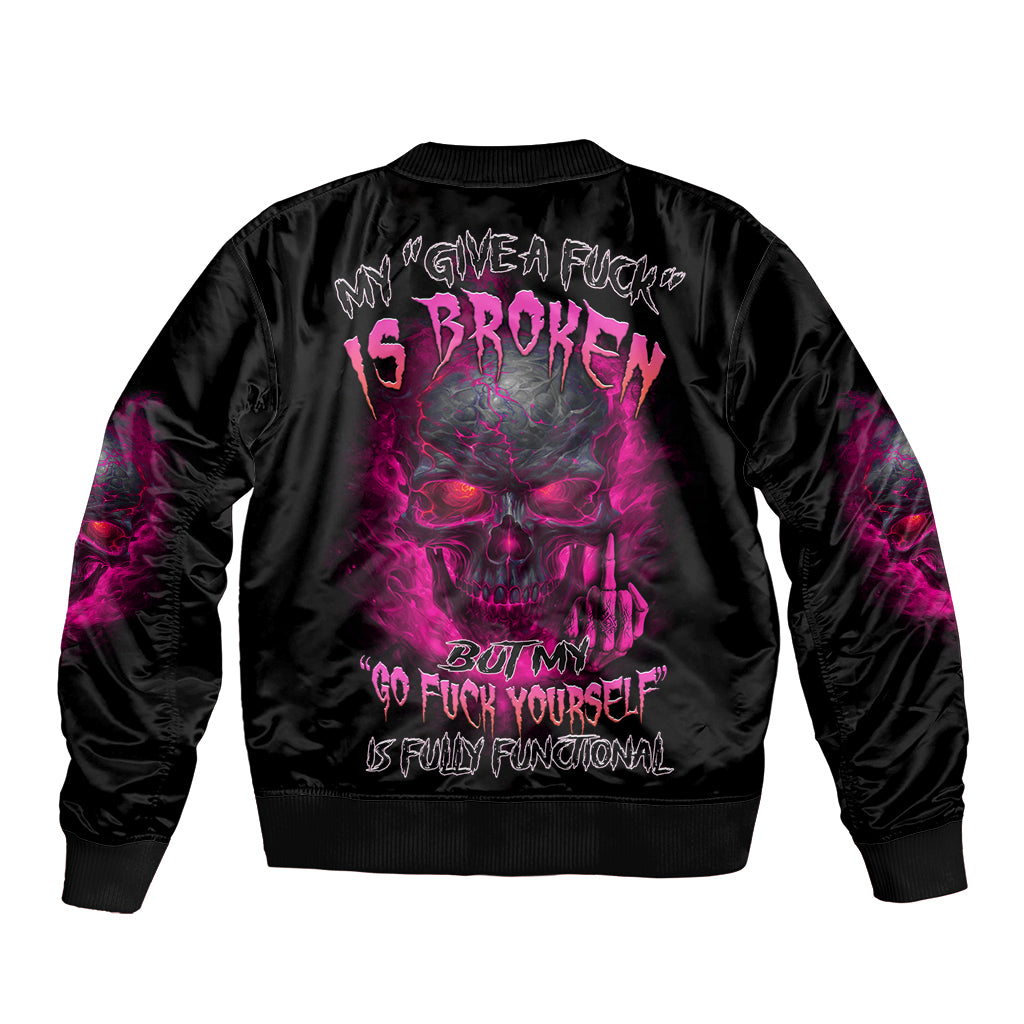 Unisex black bomber jacket with purple graphic back and ribbed collar, cuffs, hem