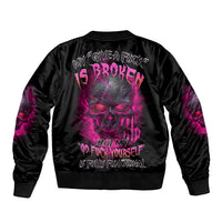 Unisex black bomber jacket with purple graphic back and ribbed collar, cuffs, hem